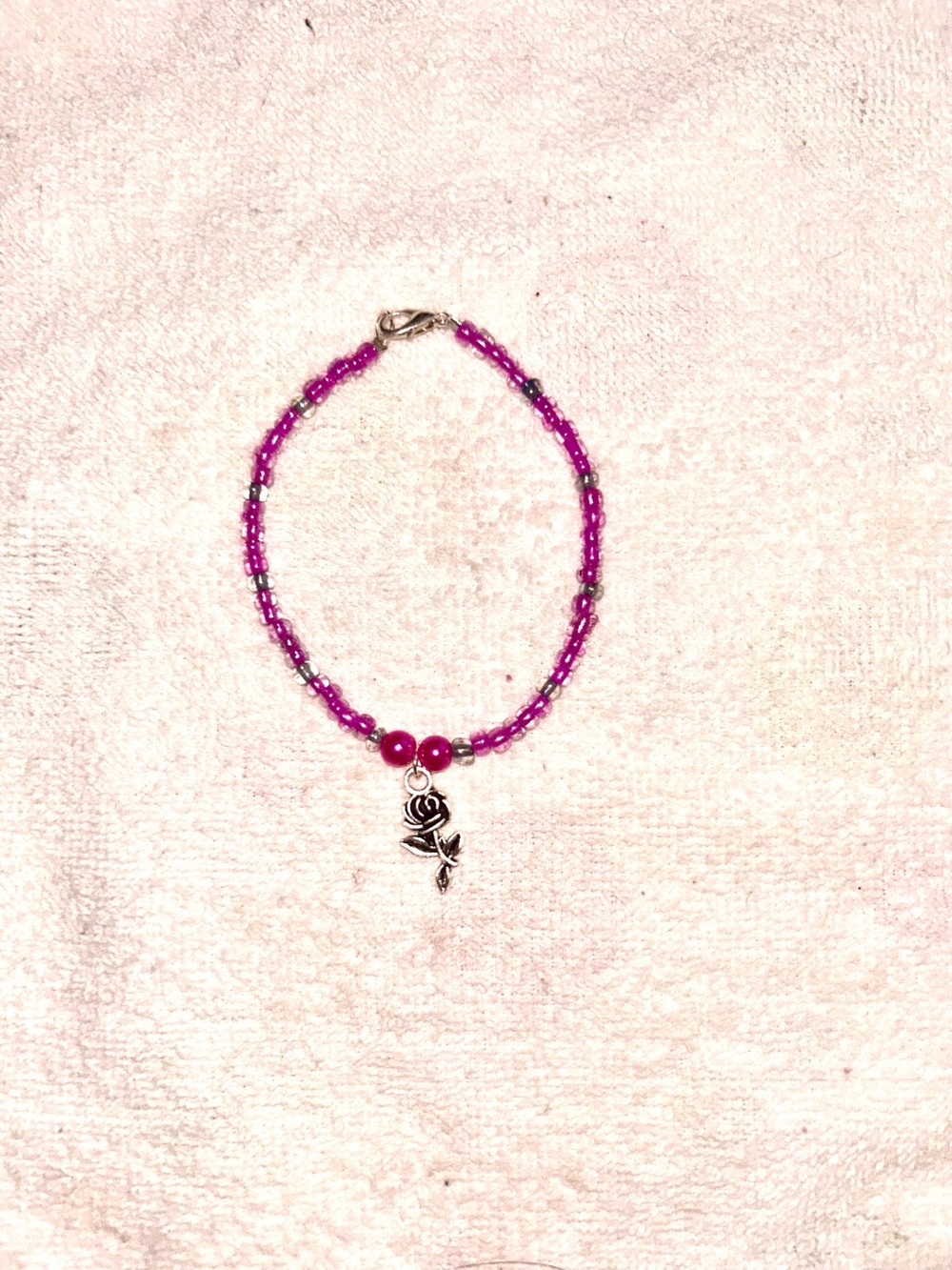 Handmade Pink Beaded Bracelet with Rose Charm